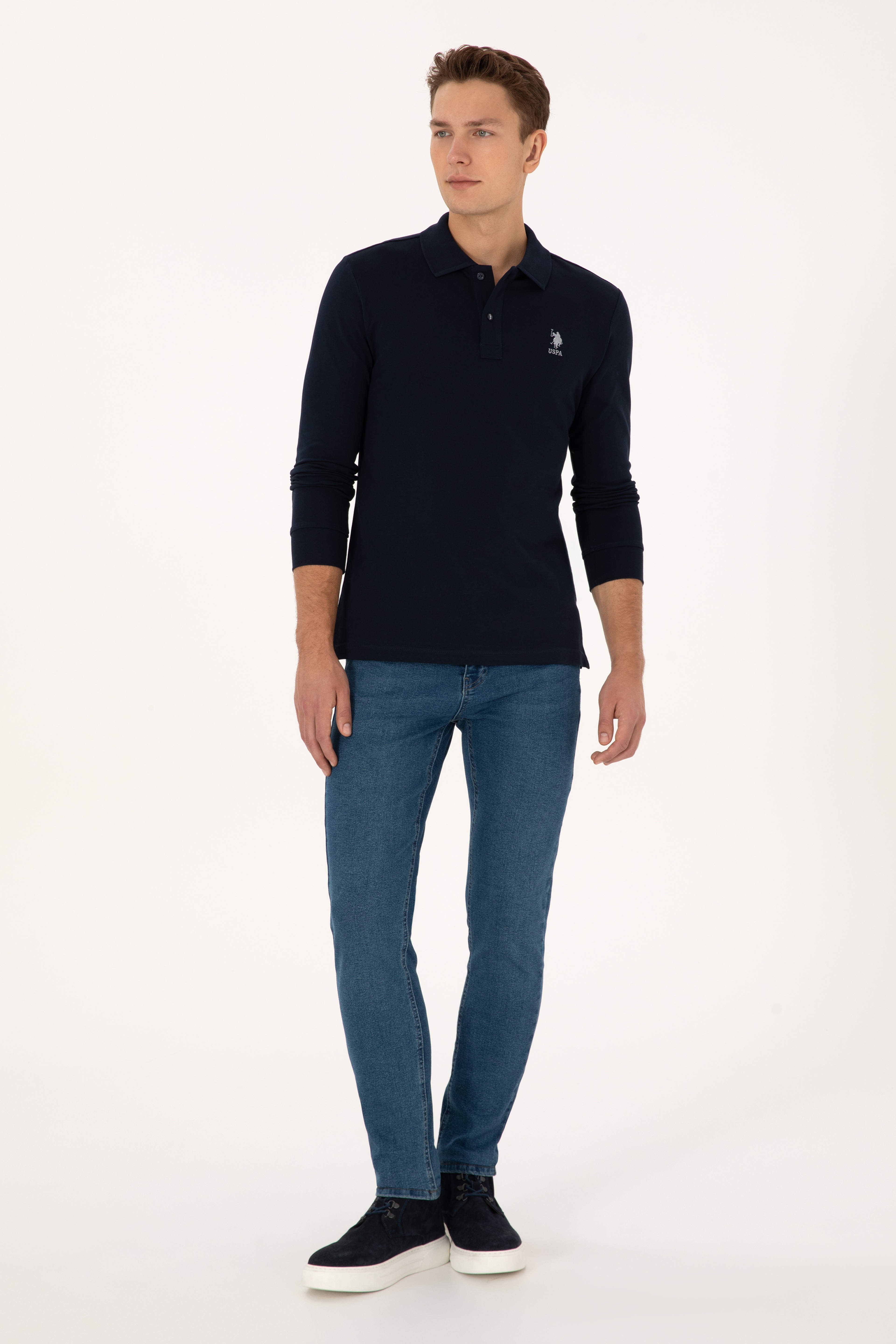 Erkek Slim Fit Polo Yaka Lacivert Basic Sweatshirt