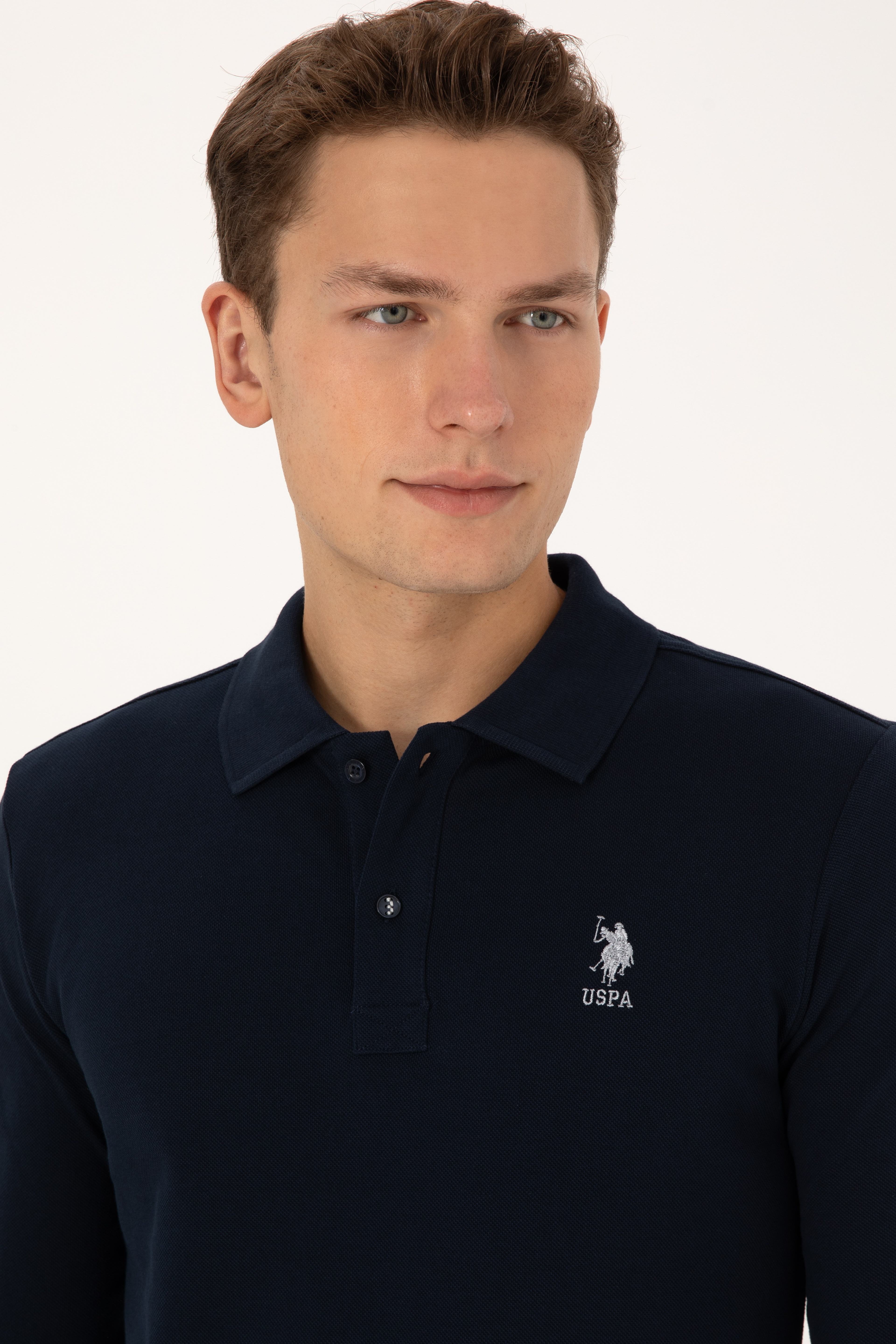 Erkek Slim Fit Polo Yaka Lacivert Basic Sweatshirt