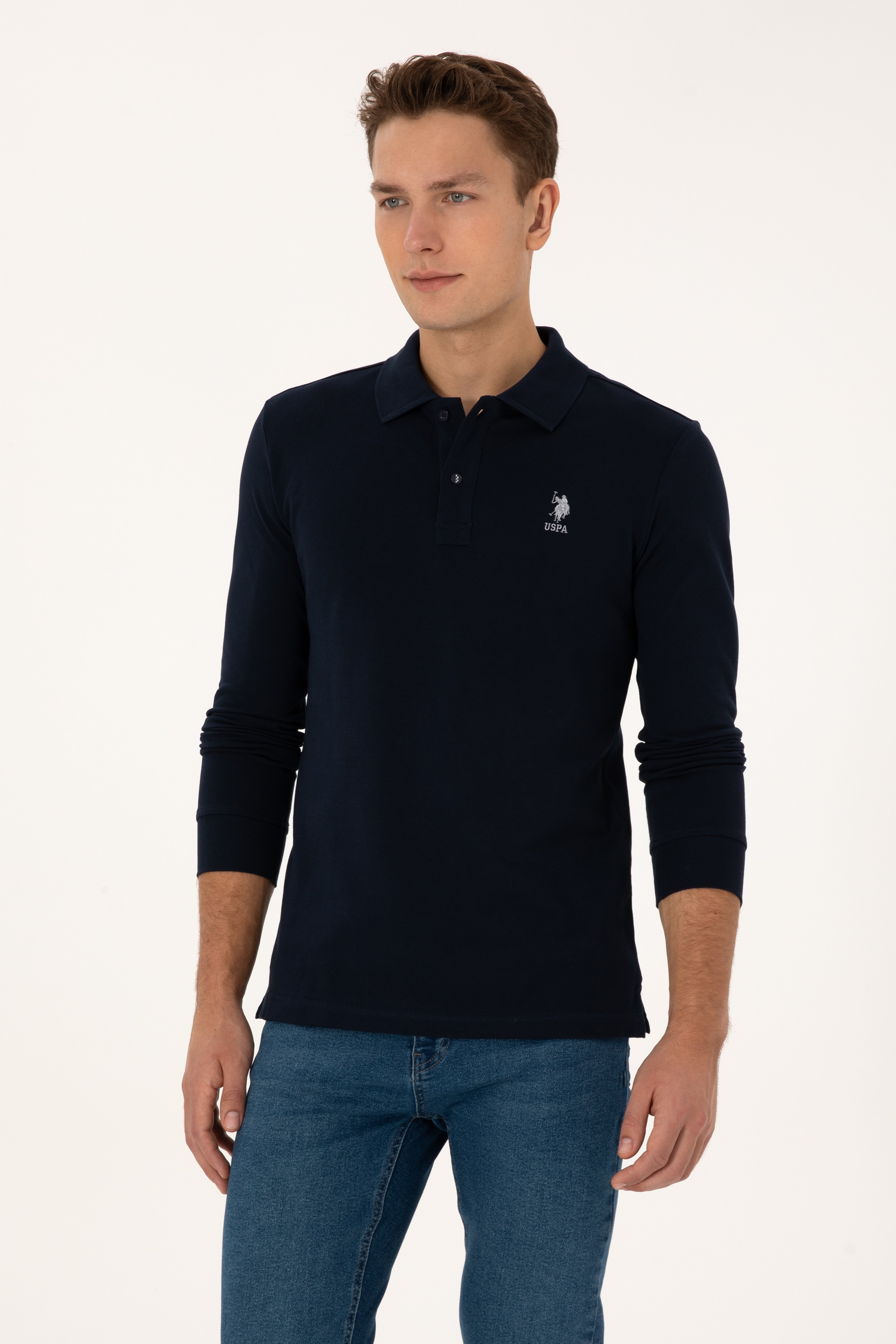 Erkek Slim Fit Polo Yaka Lacivert Basic Sweatshirt - Image 3