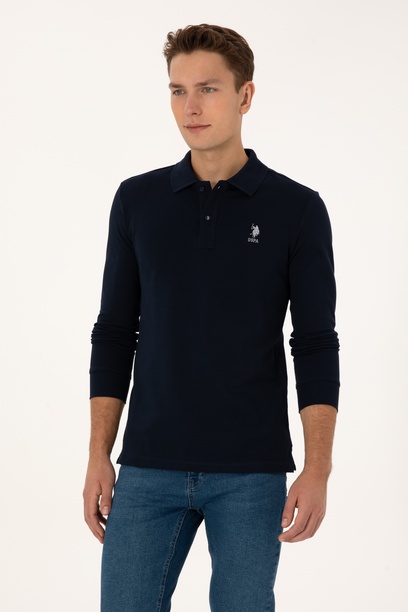 Erkek Slim Fit Polo Yaka Lacivert Basic Sweatshirt