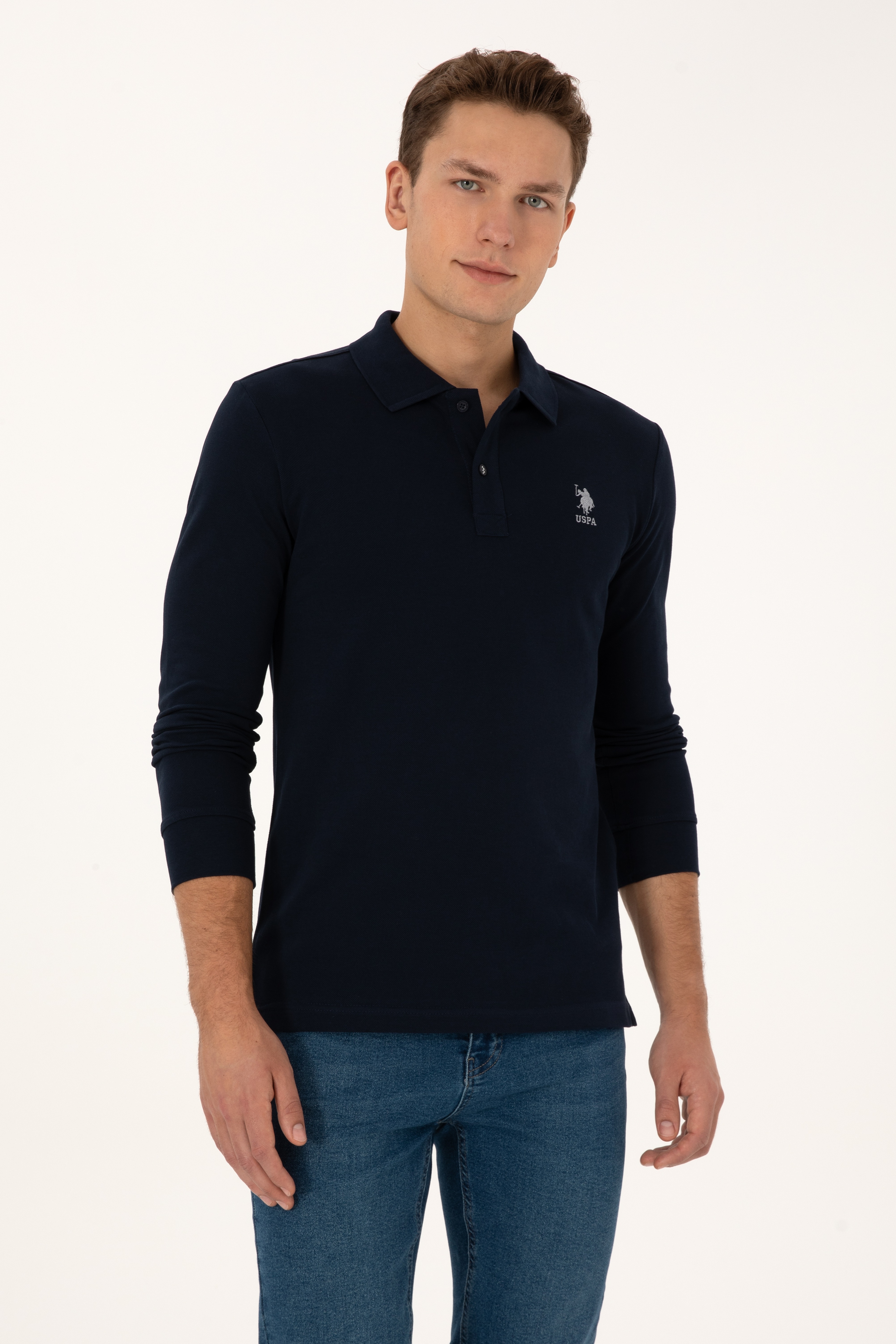 Erkek Slim Fit Polo Yaka Lacivert Basic Sweatshirt - Image 1