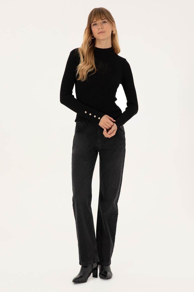 Kadın Siyah Yarım Balıkçı Yaka Kazak - 50310051019