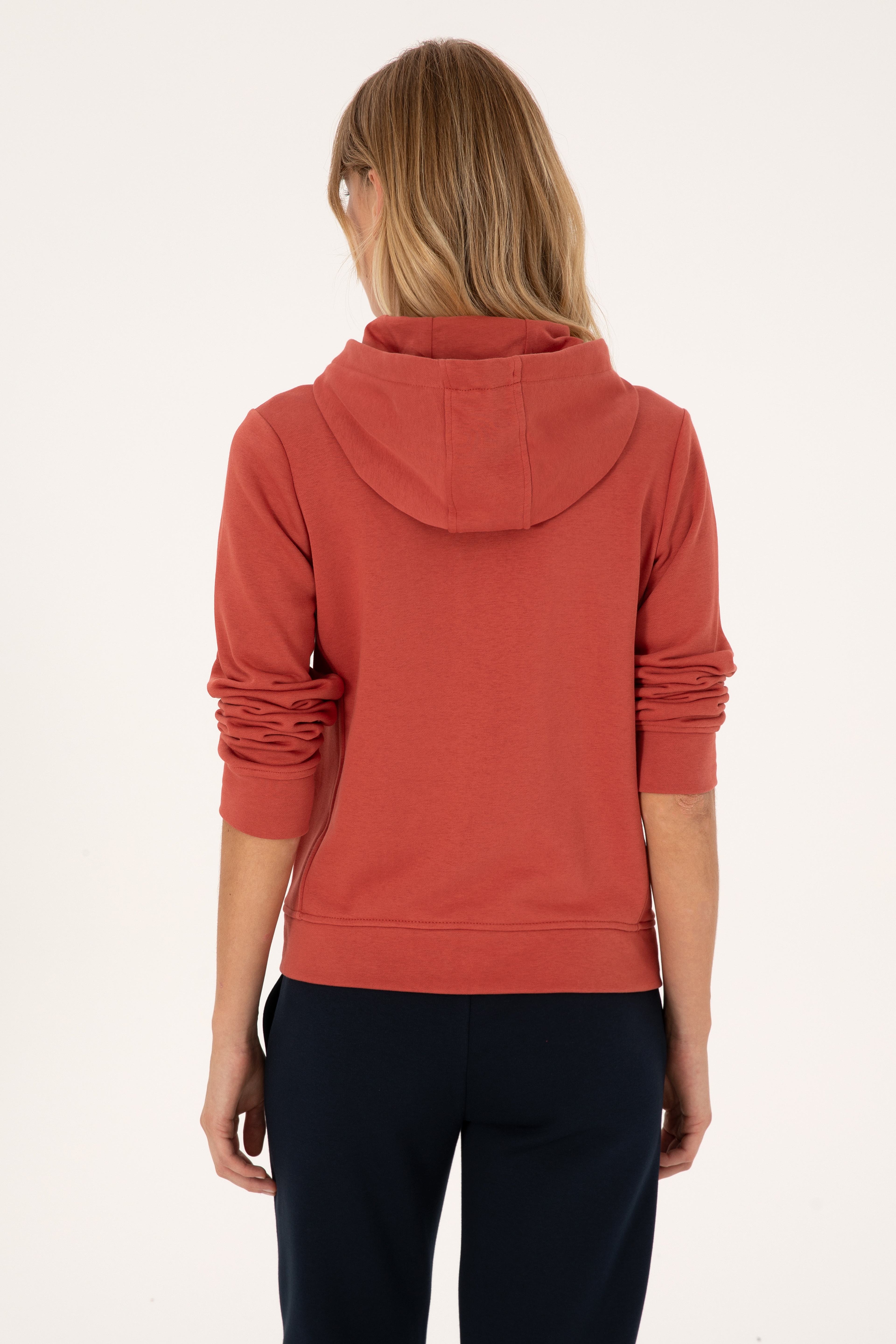 Kadın Kiremit Fermuarlı Kapüşonlu Basic Sweatshirt