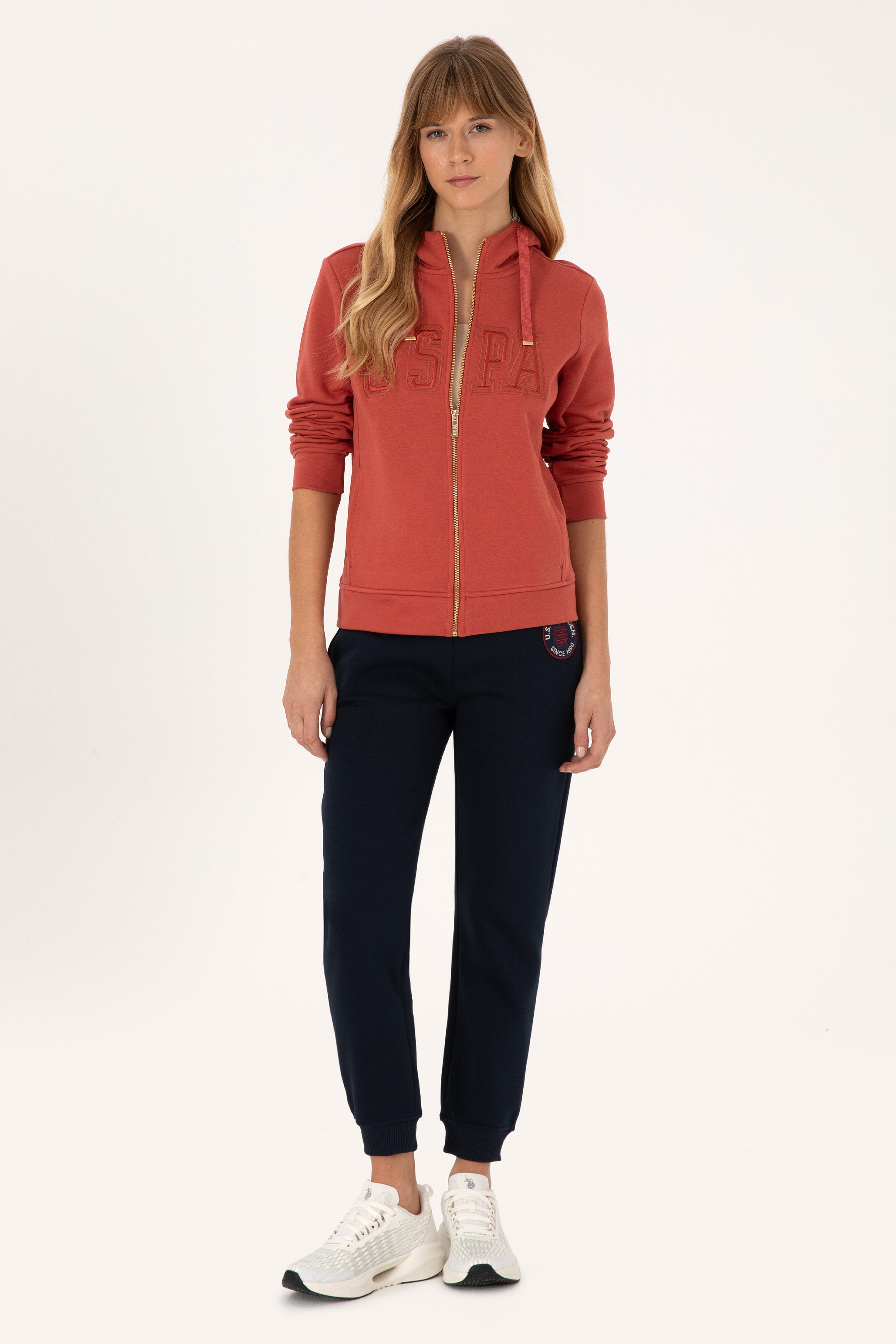 Kadın Kiremit Fermuarlı Kapüşonlu Basic Sweatshirt - Image 4