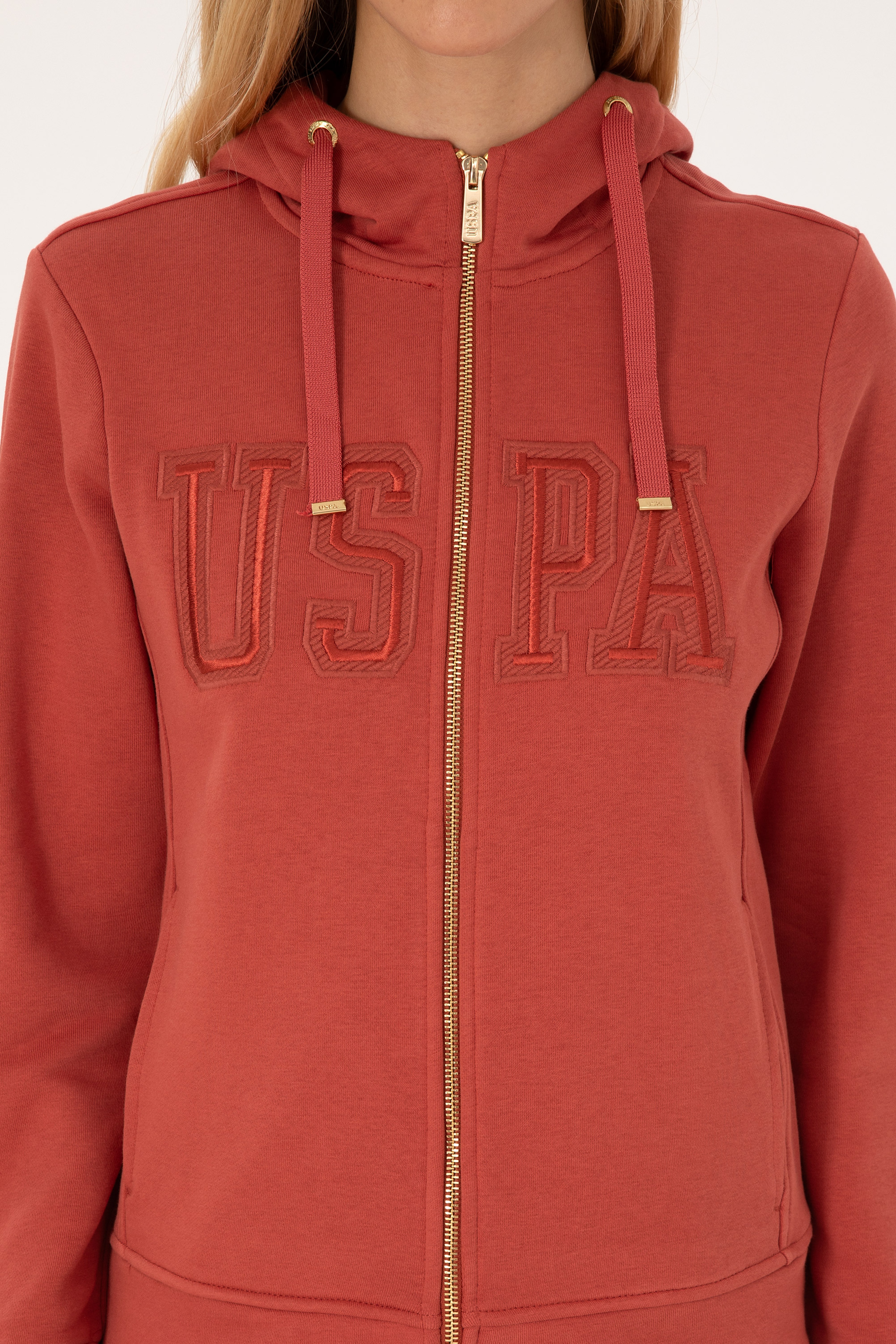 Kadın Kiremit Fermuarlı Kapüşonlu Basic Sweatshirt - Image 6