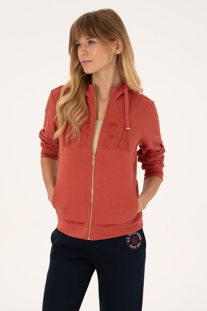 Kadın Kiremit Fermuarlı Kapüşonlu Basic Sweatshirt