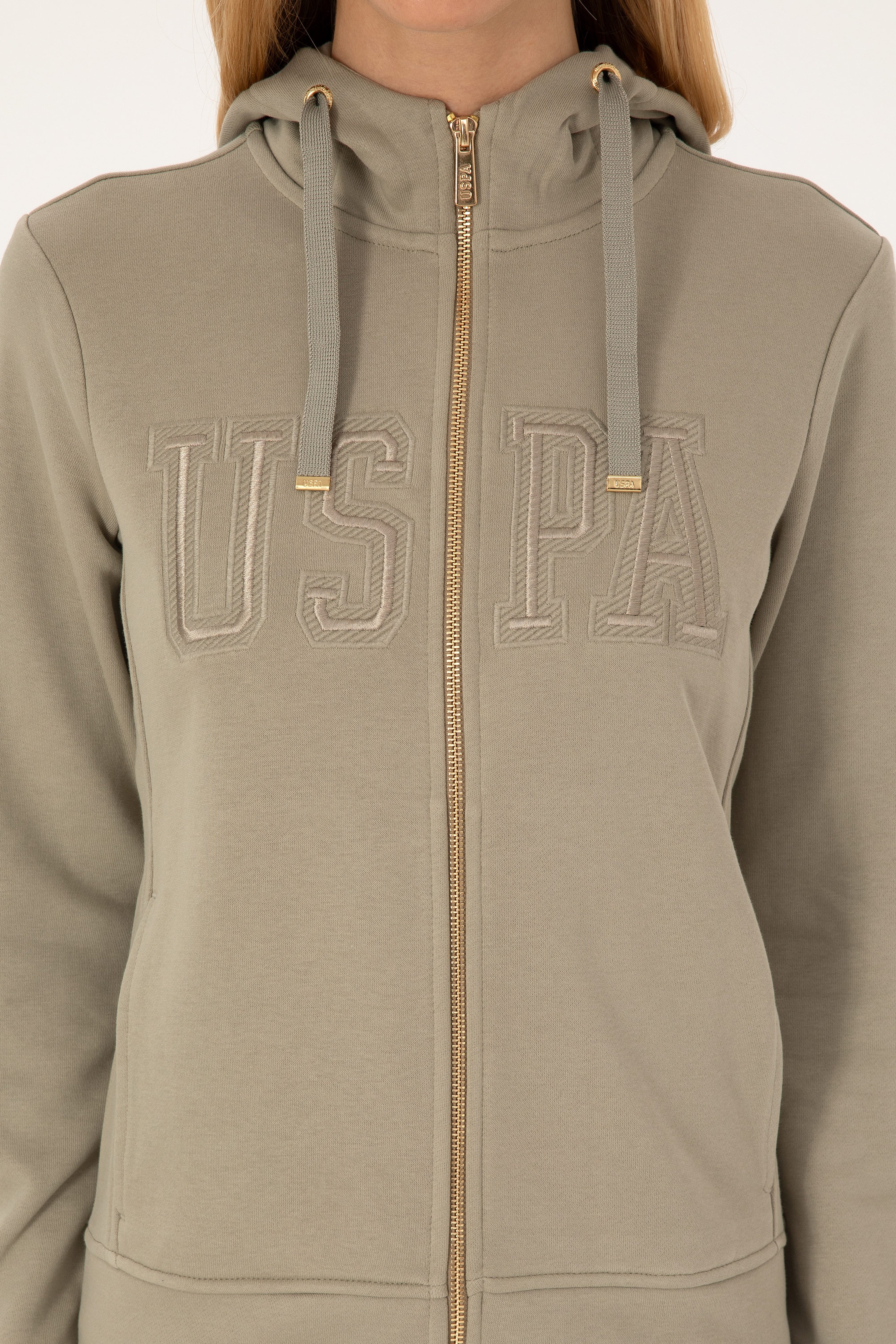 Kadın Açık Haki Fermuarlı Kapüşonlu Basic Sweatshirt