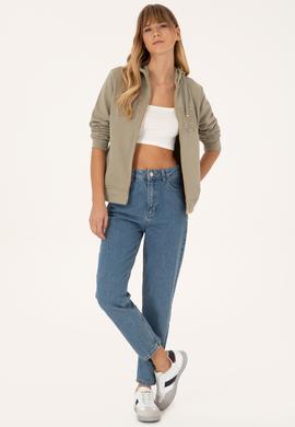 Kadın Açık Haki Fermuarlı Kapüşonlu Basic Sweatshirt - 50307769069