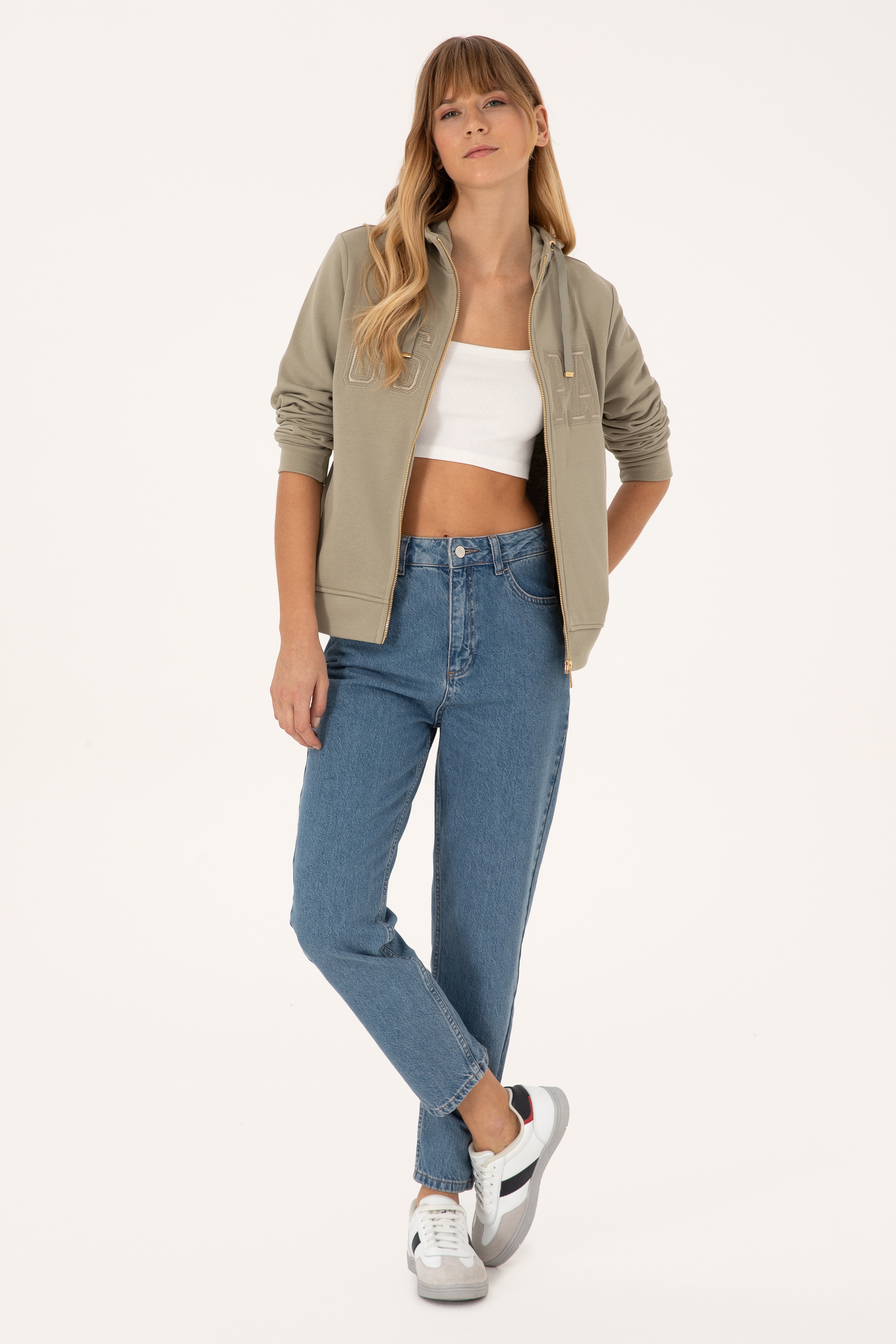 Kadın Açık Haki Fermuarlı Kapüşonlu Basic Sweatshirt - Image 4