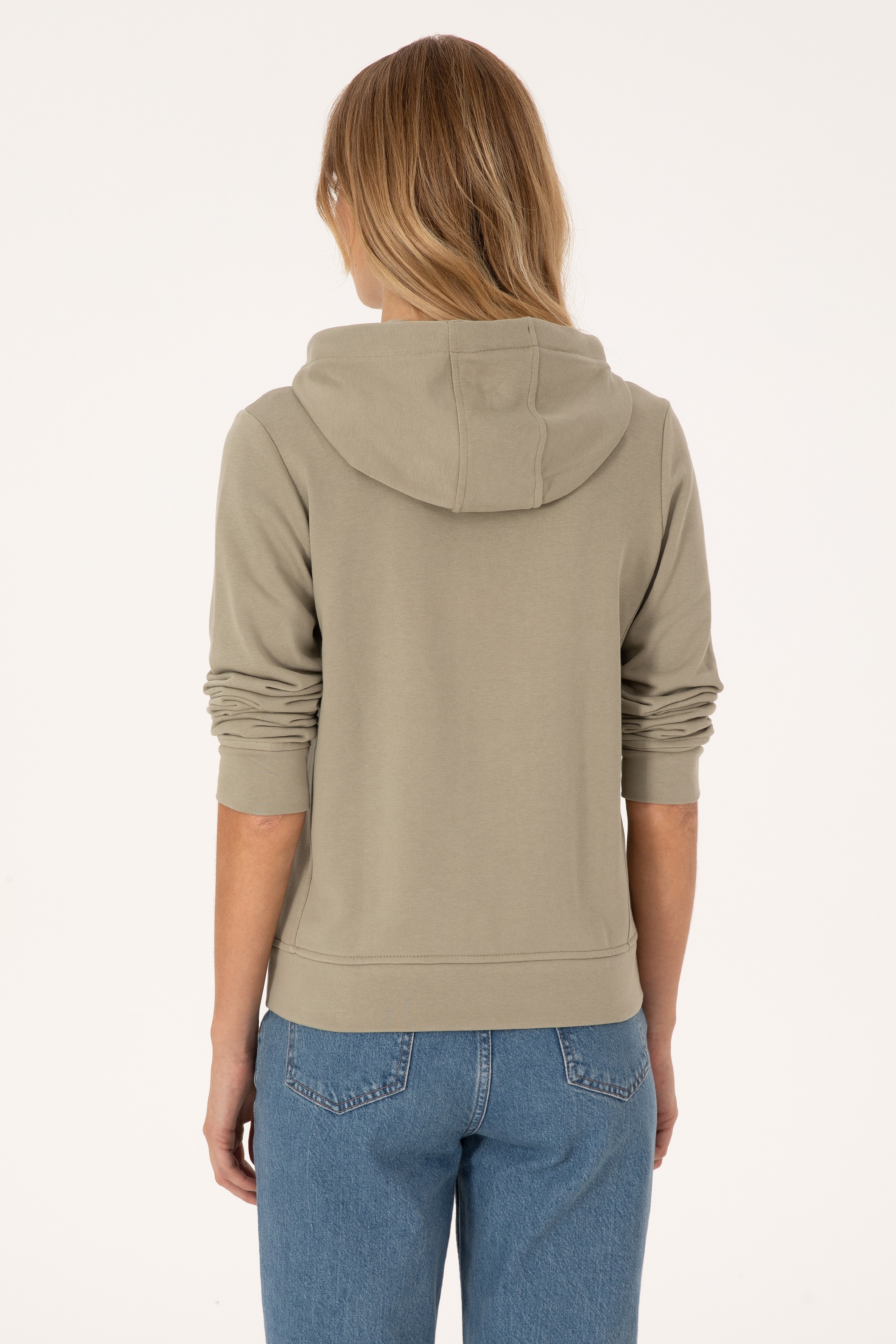 Kadın Açık Haki Fermuarlı Kapüşonlu Basic Sweatshirt - Image 5