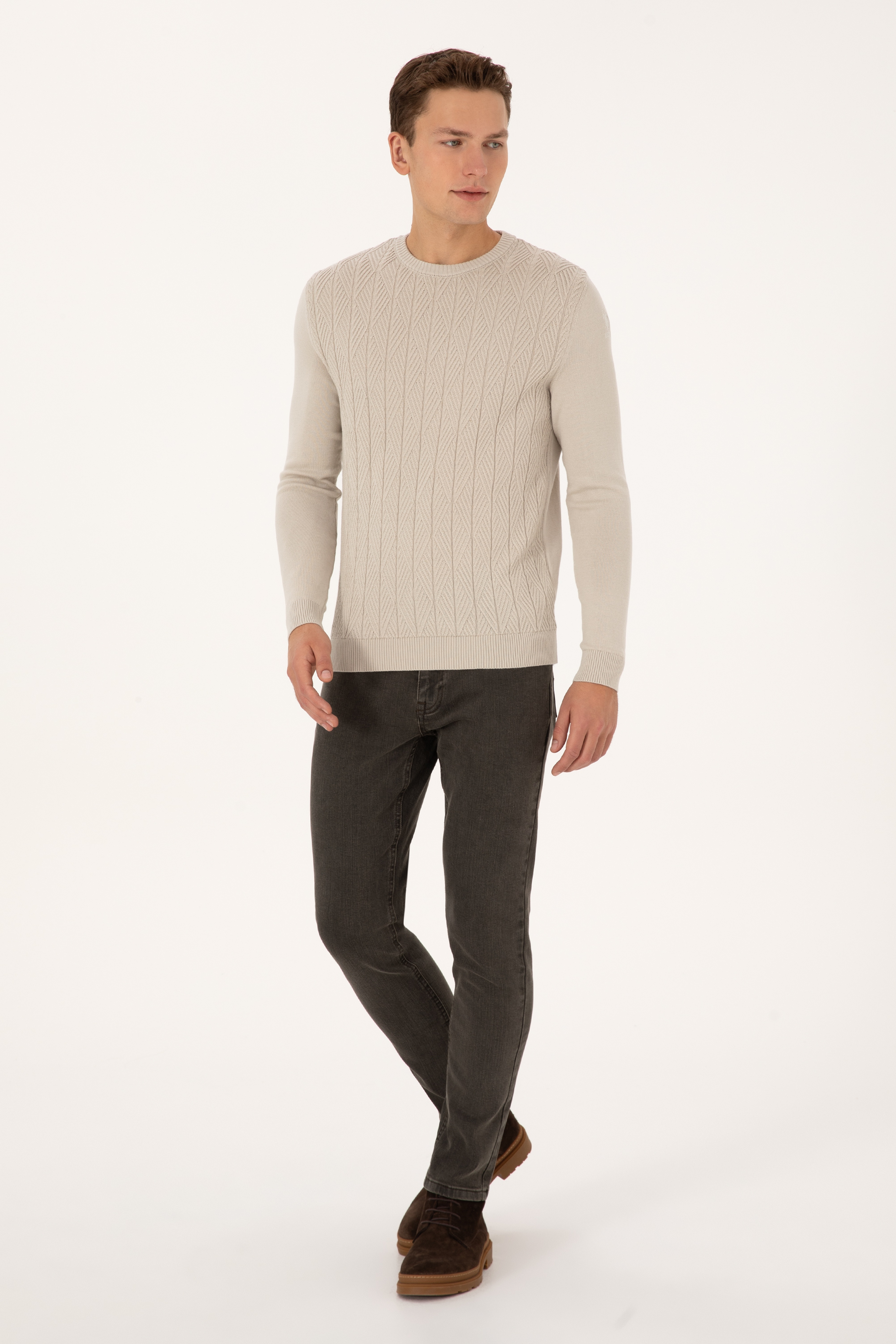 Erkek Slim Fit Bisiklet Yaka Taş Kazak - Image 4