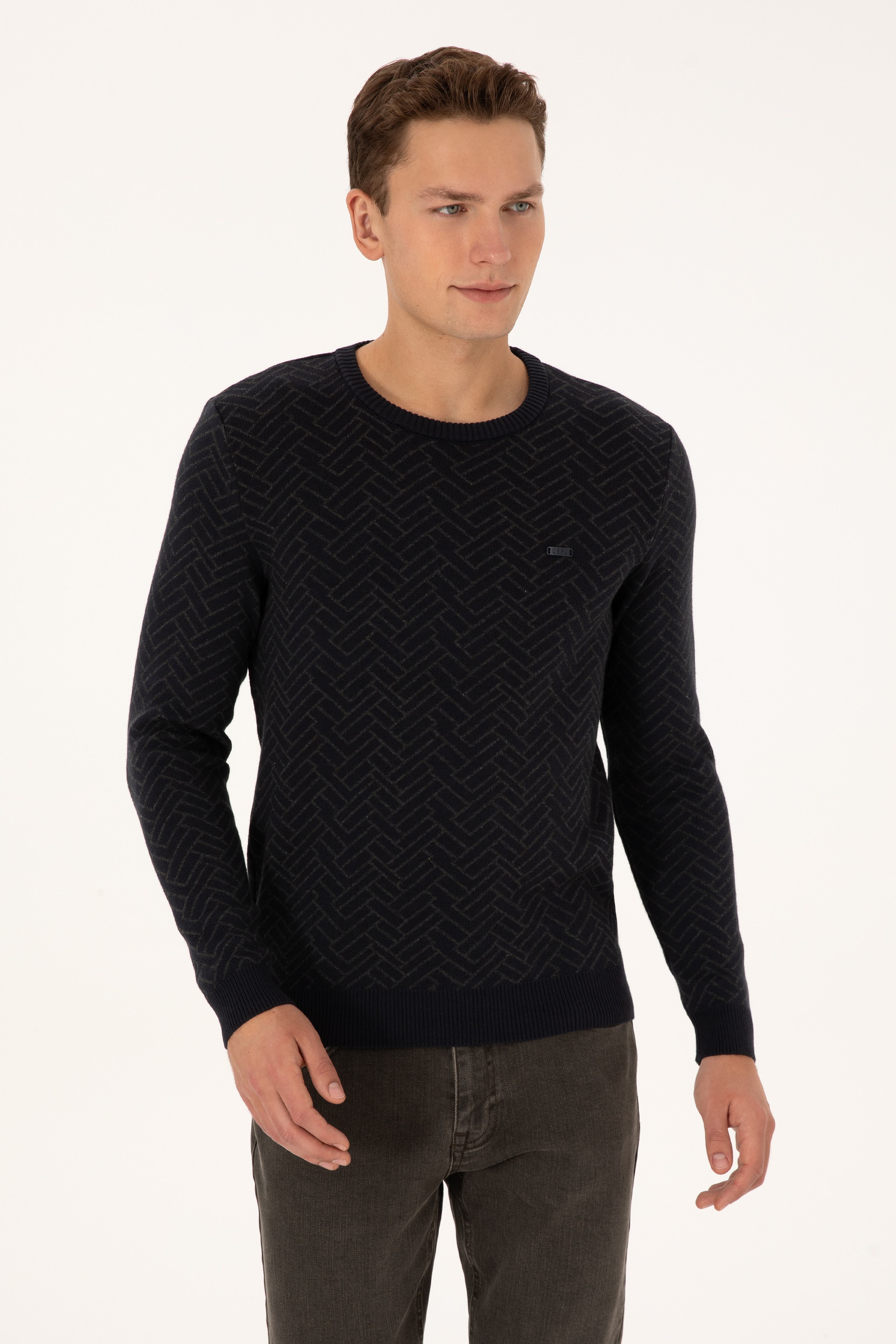 Erkek Slim Fit Bisiklet Yaka Antrasit Kazak