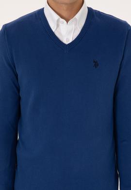 Erkek Slim Fit V Yaka İndigo Basic Triko Kazak - 50313662077