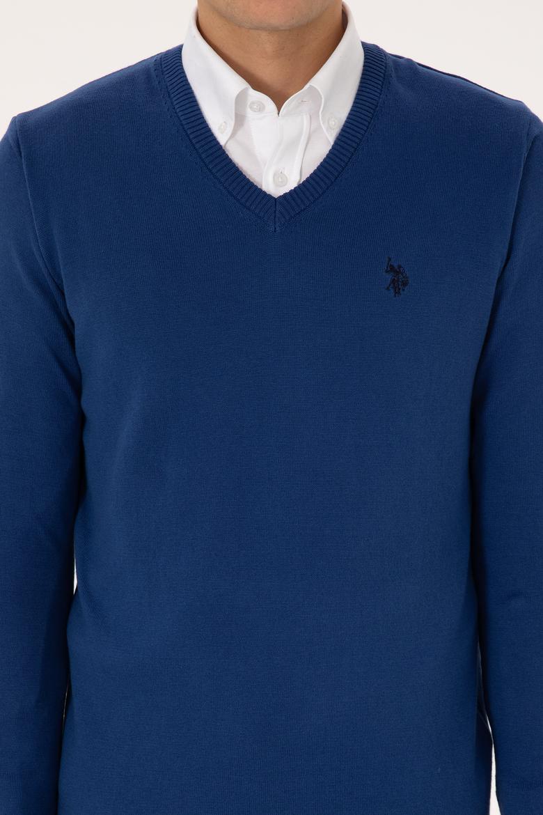 Erkek Slim Fit V Yaka İndigo Basic Triko Kazak - 50313662077