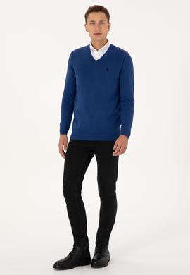 Erkek Slim Fit V Yaka İndigo Basic Triko Kazak - 50313662077
