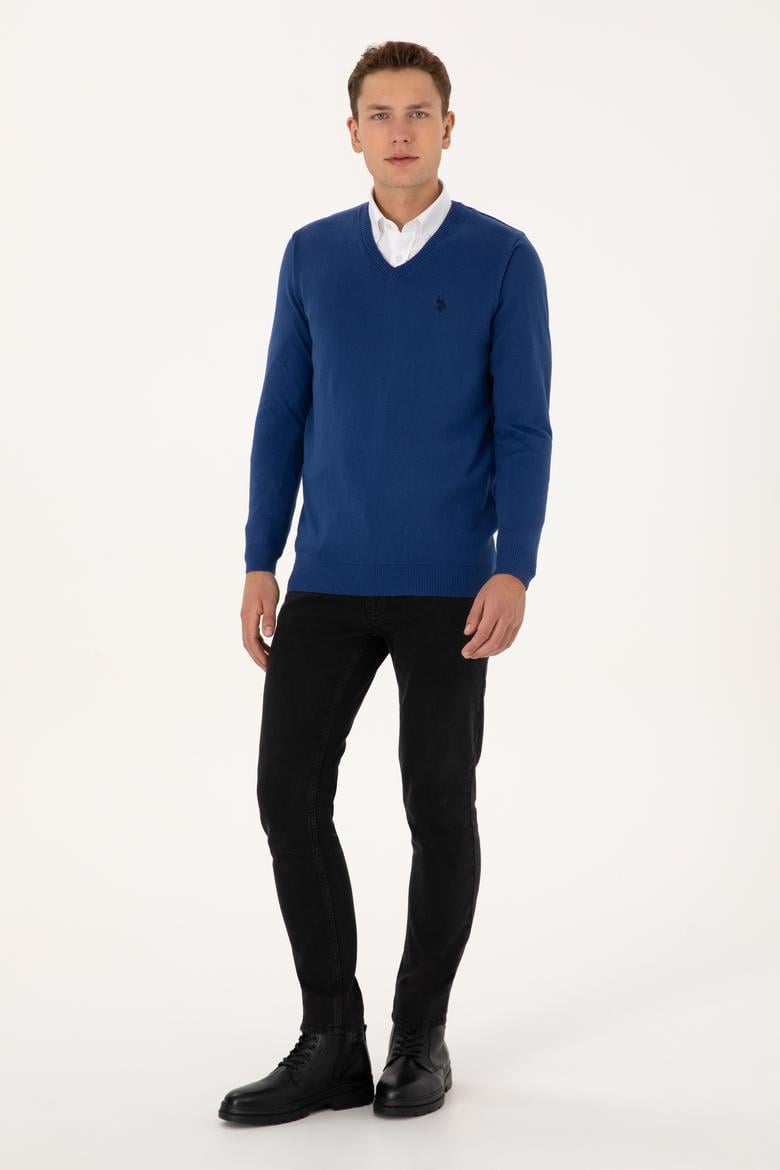 Erkek Slim Fit V Yaka İndigo Basic Triko Kazak - 50313662077
