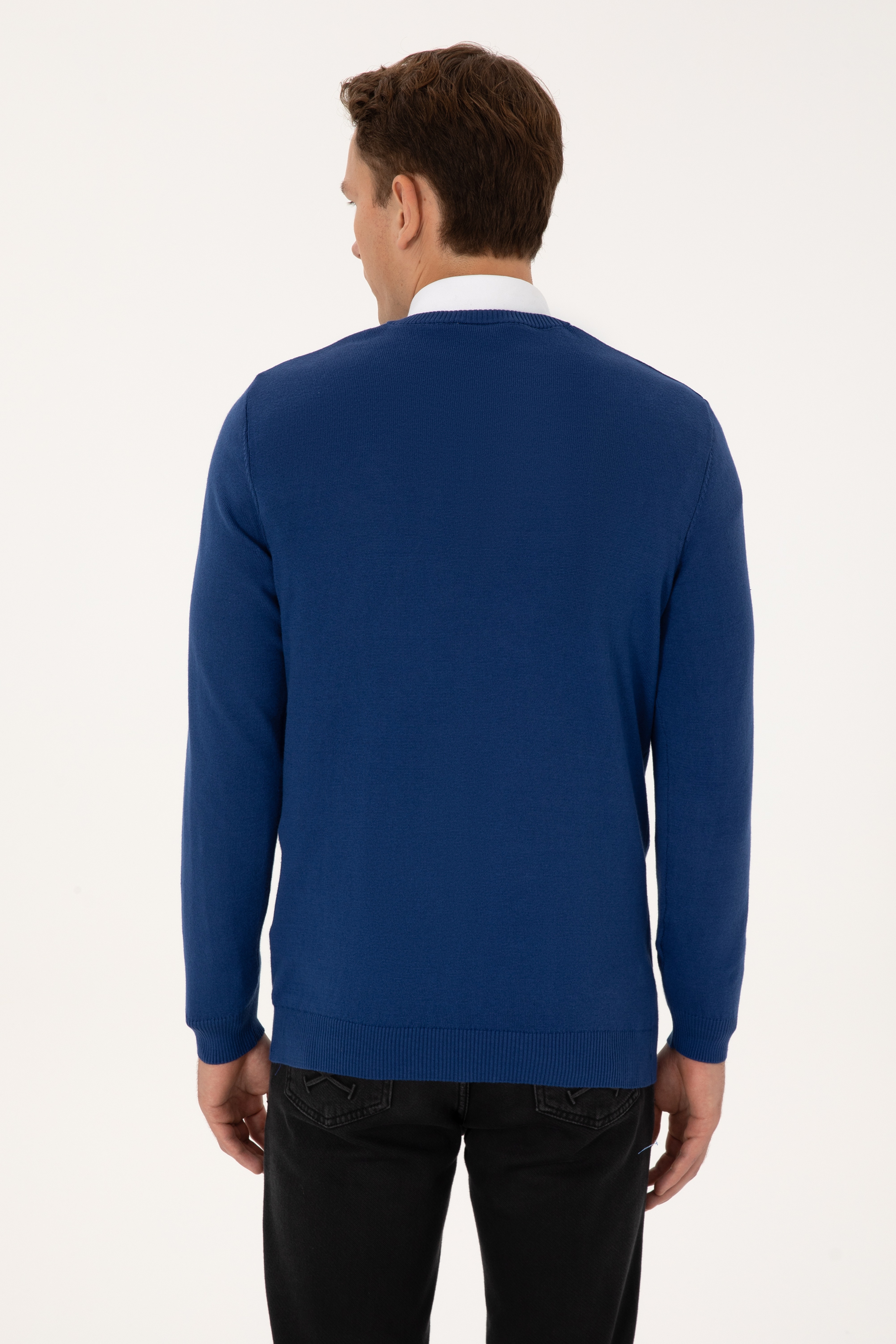 Erkek Slim Fit V Yaka İndigo Basic Triko Kazak - Image 5
