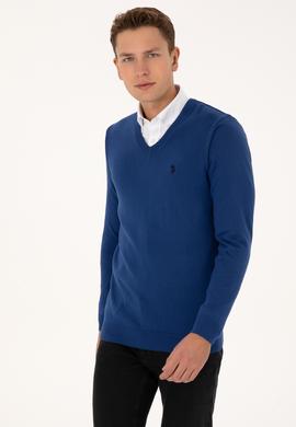 Erkek Slim Fit V Yaka İndigo Basic Triko Kazak - 50313662077
