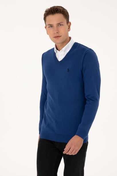 Erkek Slim Fit V Yaka İndigo Basic Triko Kazak