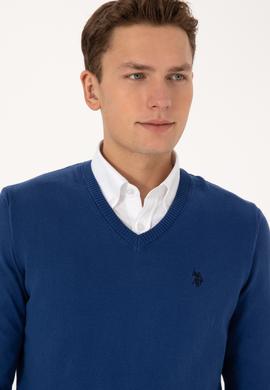 Erkek Slim Fit V Yaka İndigo Basic Triko Kazak - 50313662077