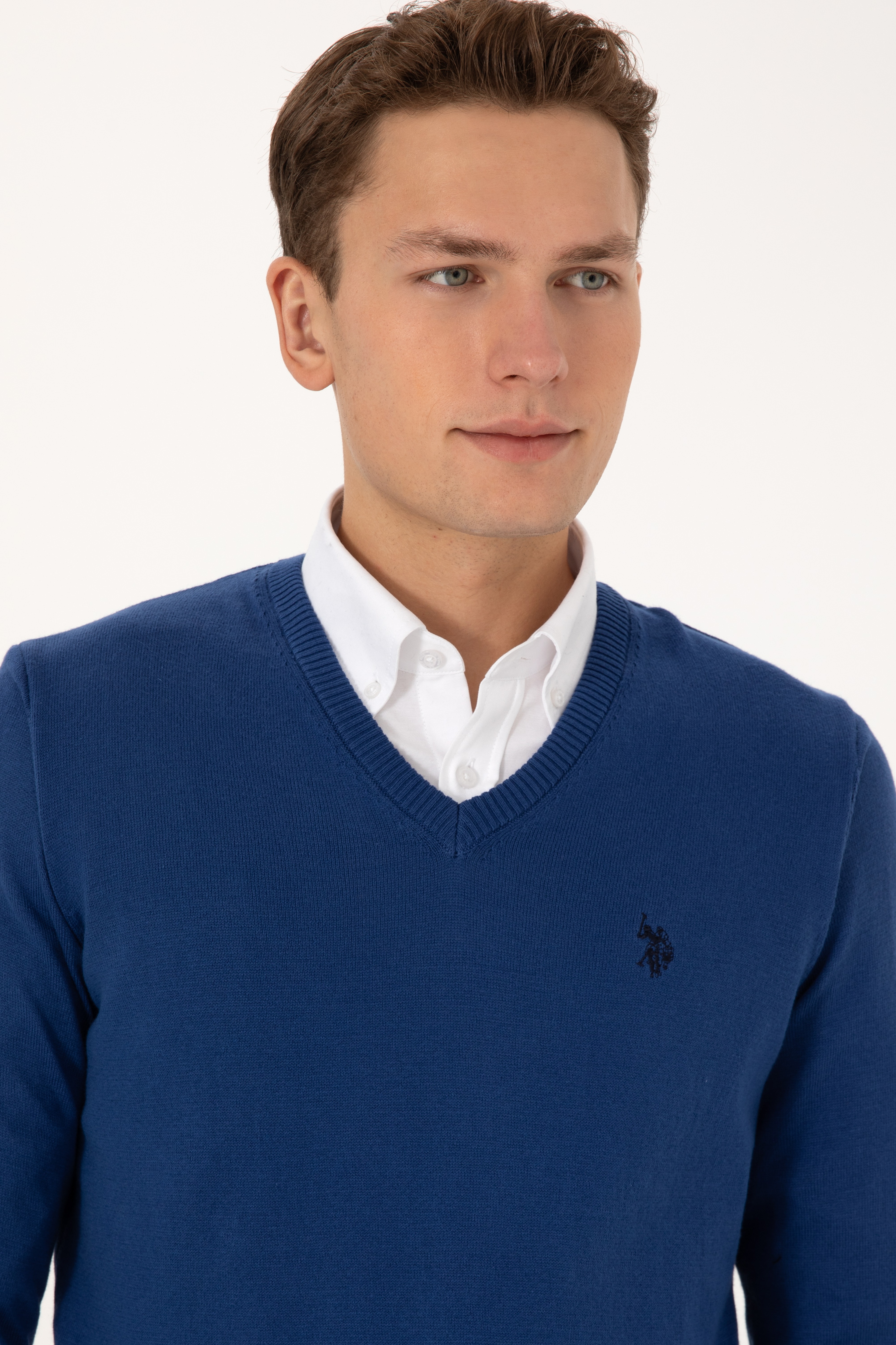 Erkek Slim Fit V Yaka İndigo Basic Triko Kazak - Image 2