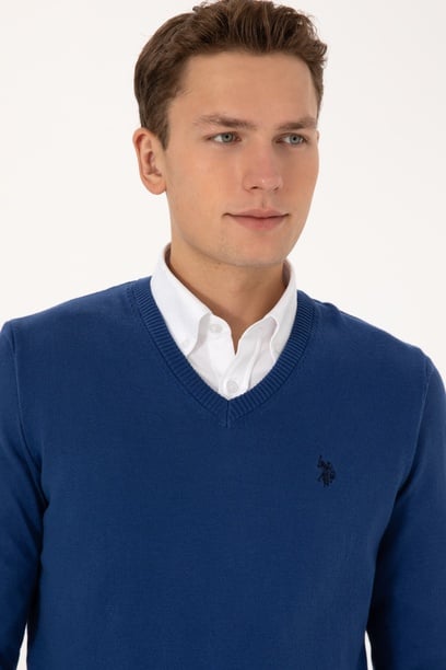Erkek Slim Fit V Yaka İndigo Basic Triko Kazak