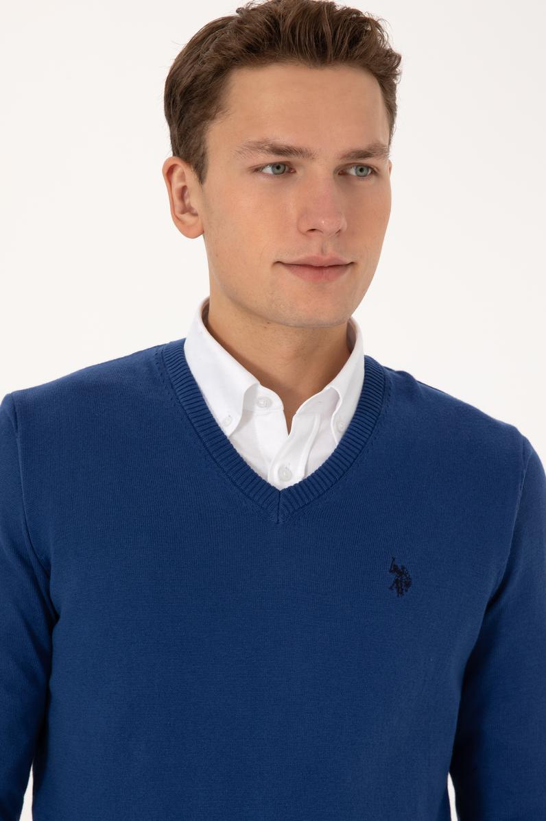 Erkek Slim Fit V Yaka İndigo Basic Triko Kazak