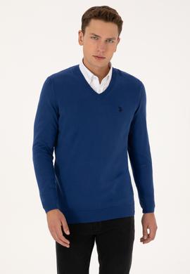 Erkek Slim Fit V Yaka İndigo Basic Triko Kazak - 50313662077