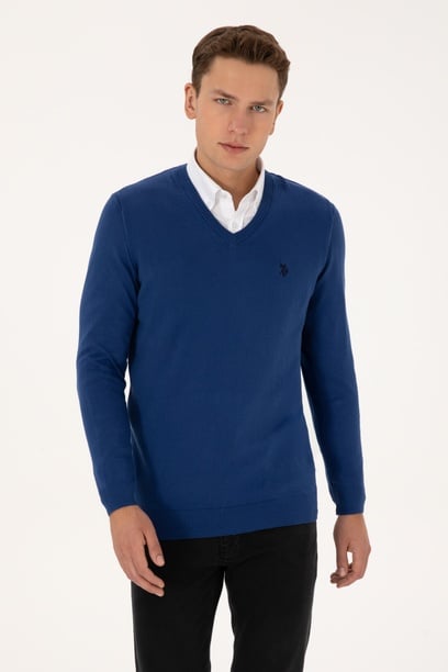 Erkek Slim Fit V Yaka İndigo Basic Triko Kazak