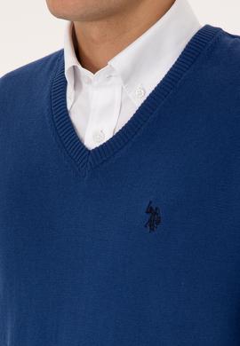 Erkek Slim Fit V Yaka İndigo Basic Triko Kazak - 50313662077