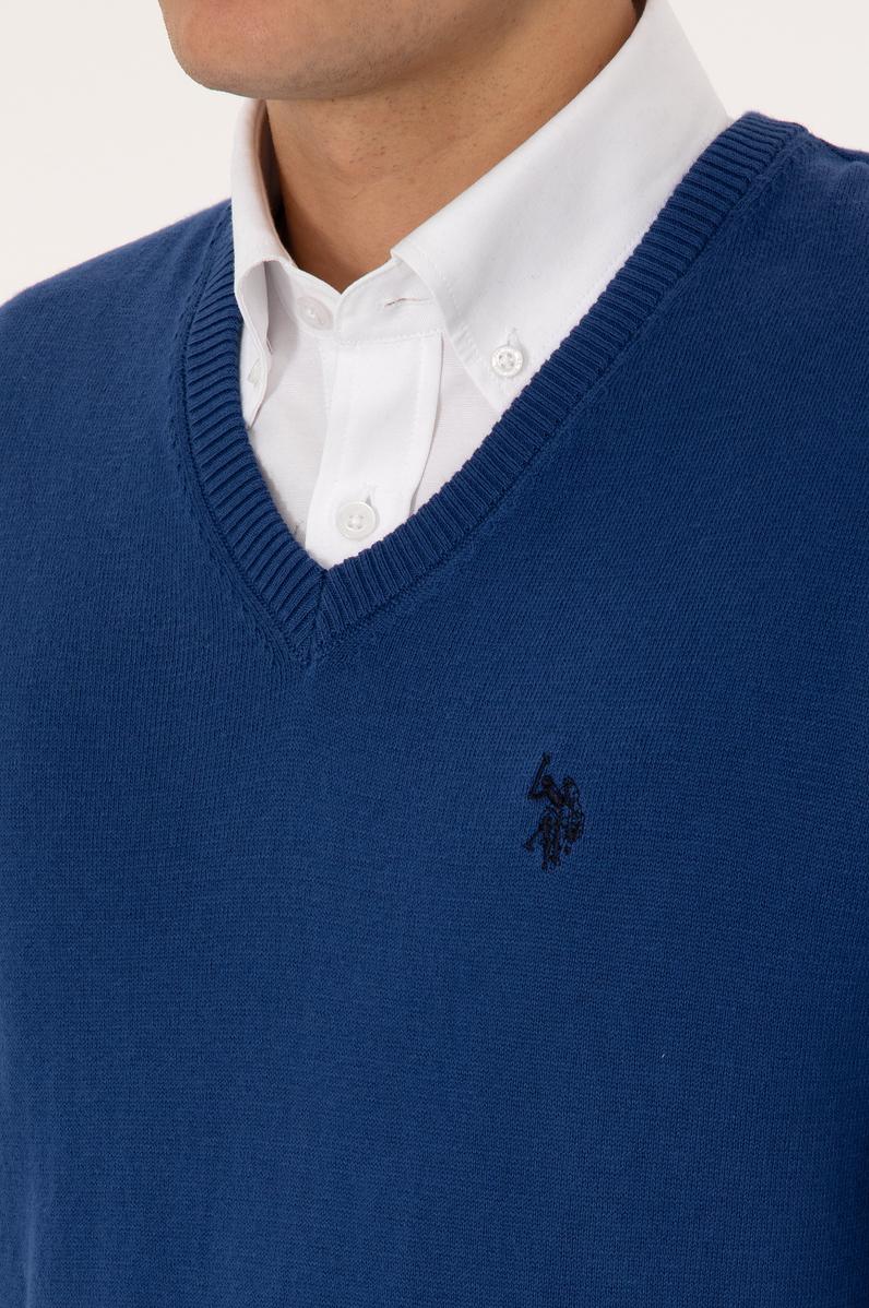 Erkek Slim Fit V Yaka İndigo Basic Triko Kazak