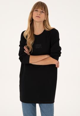 Kadın Siyah Uzun Bisiklet Yaka Sweatshirt - 50315623029