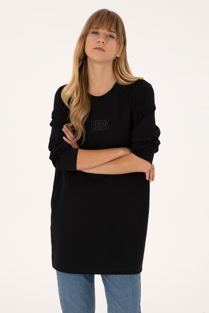 Kadın Siyah Uzun Bisiklet Yaka Sweatshirt