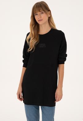 Kadın Siyah Uzun Bisiklet Yaka Sweatshirt - 50315623029