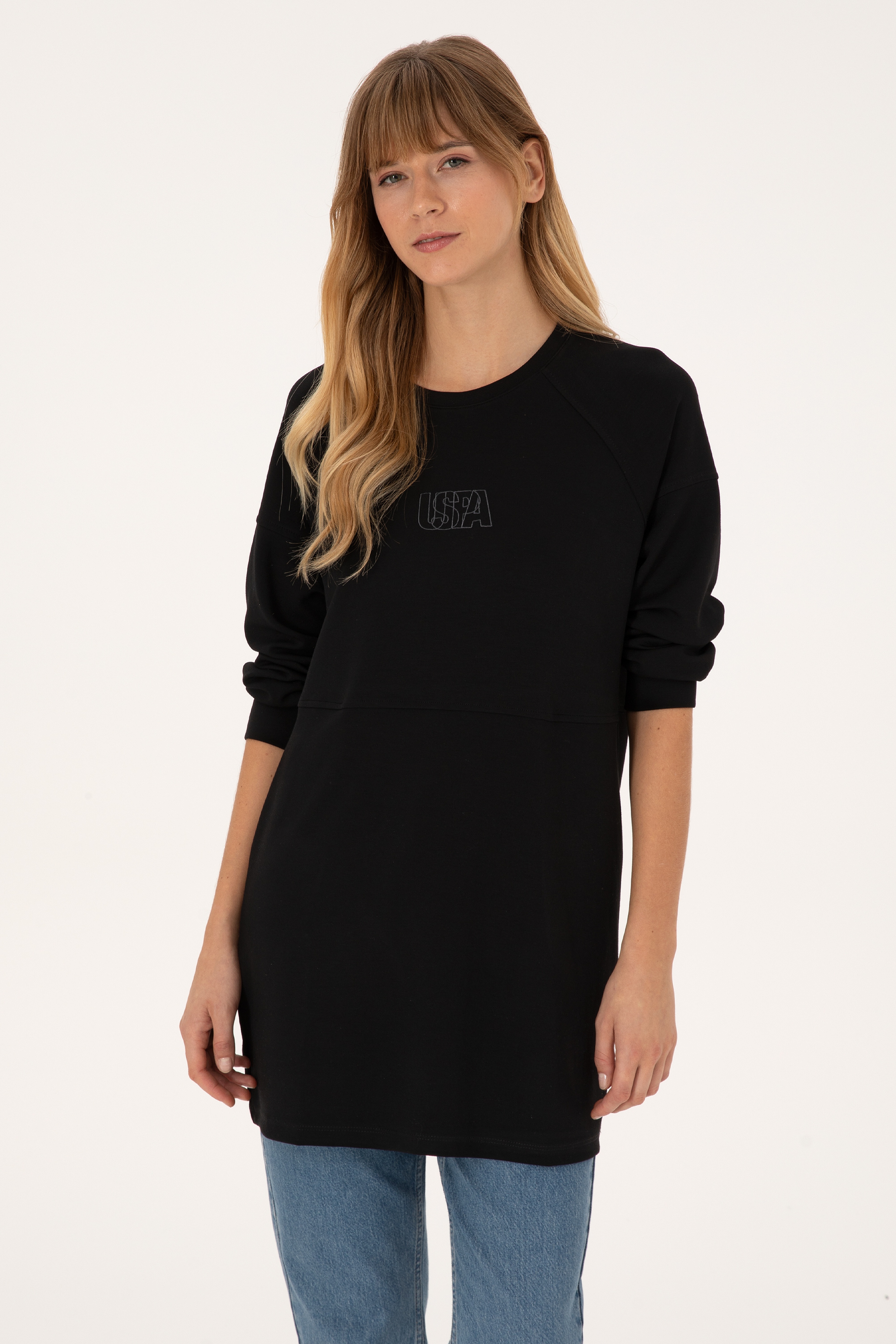 Kadın Siyah Uzun Bisiklet Yaka Sweatshirt - Image 1