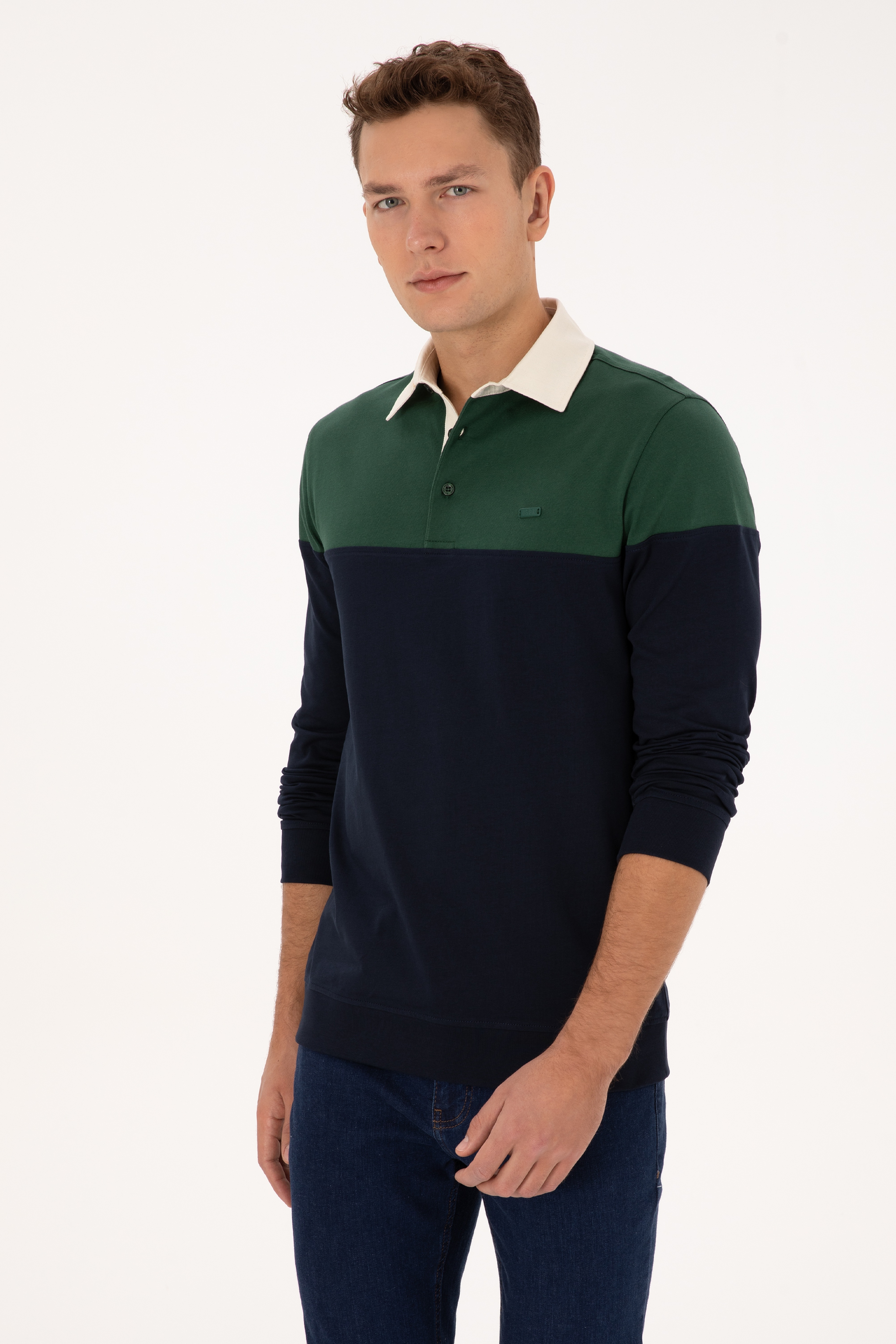 Erkek Regular Fit Polo Yaka Koyu Yeşil Sweatshirt - Image 3