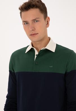 Erkek Regular Fit Polo Yaka Koyu Yeşil Sweatshirt - 50316428036