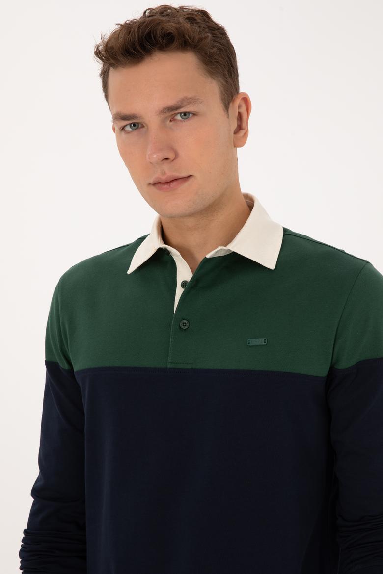 Erkek Regular Fit Polo Yaka Koyu Yeşil Sweatshirt - 50316428036