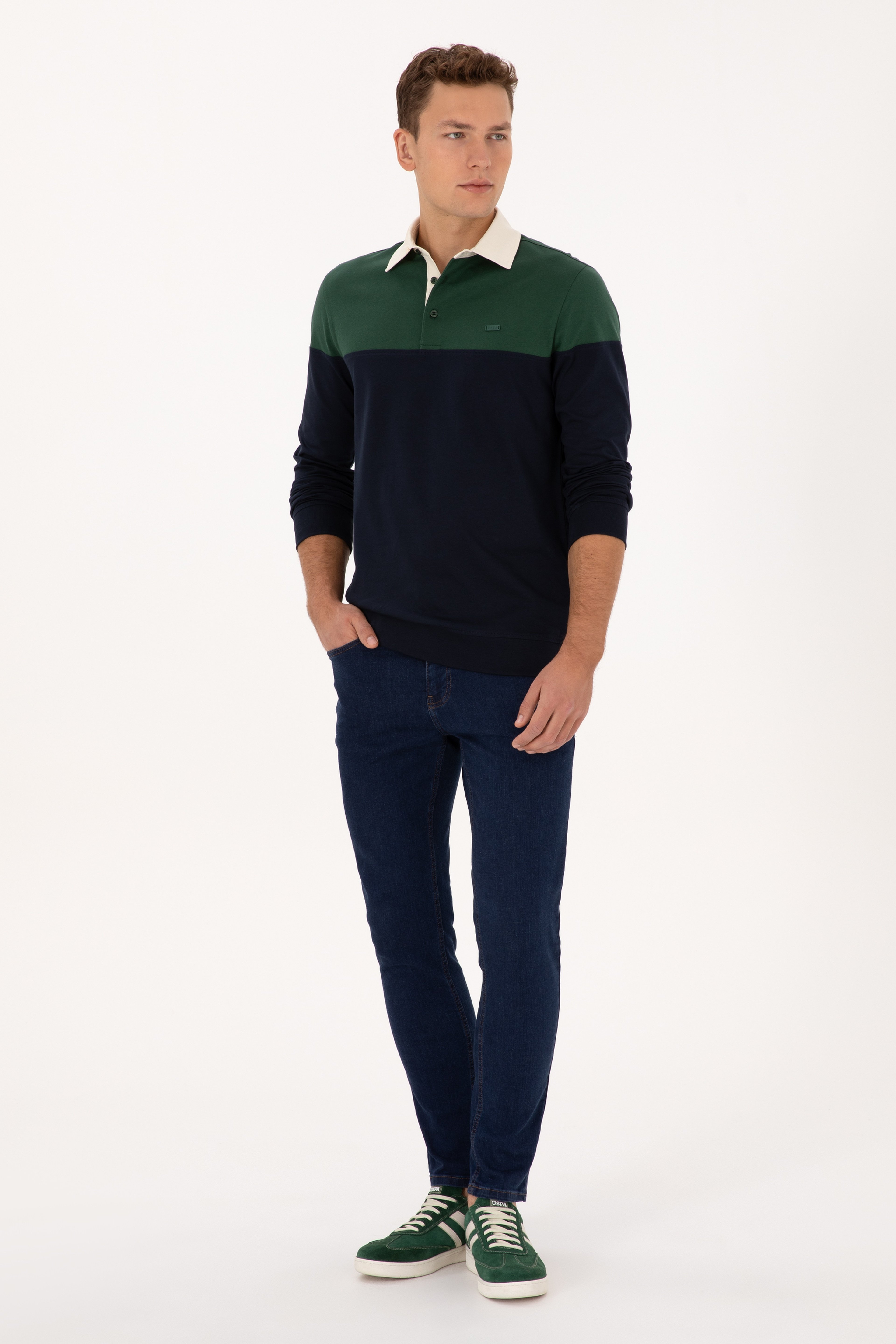 Erkek Regular Fit Polo Yaka Koyu Yeşil Sweatshirt - Image 4