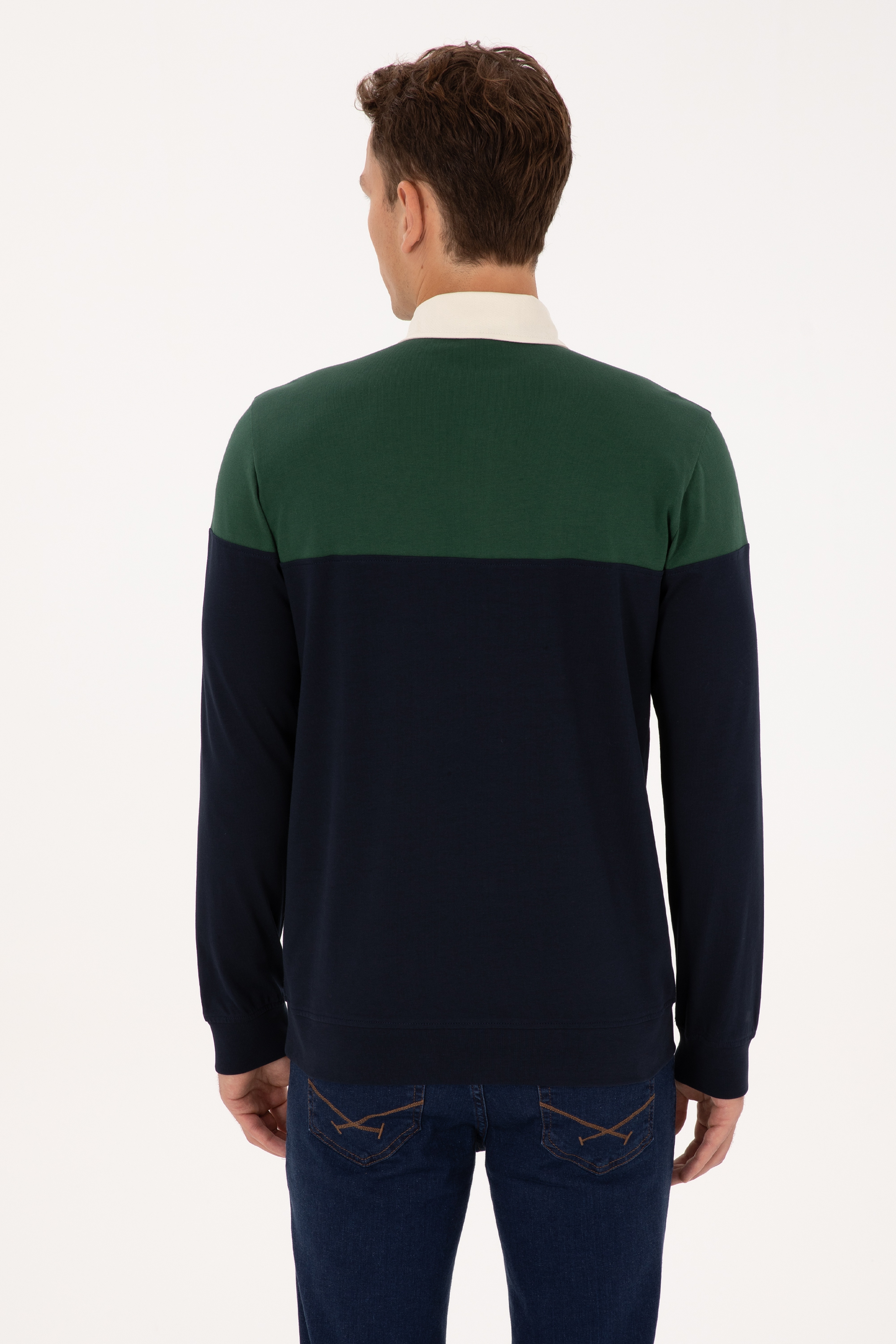 Erkek Regular Fit Polo Yaka Koyu Yeşil Sweatshirt - Image 5