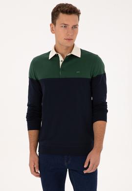 Erkek Regular Fit Polo Yaka Koyu Yeşil Sweatshirt - 50316428036