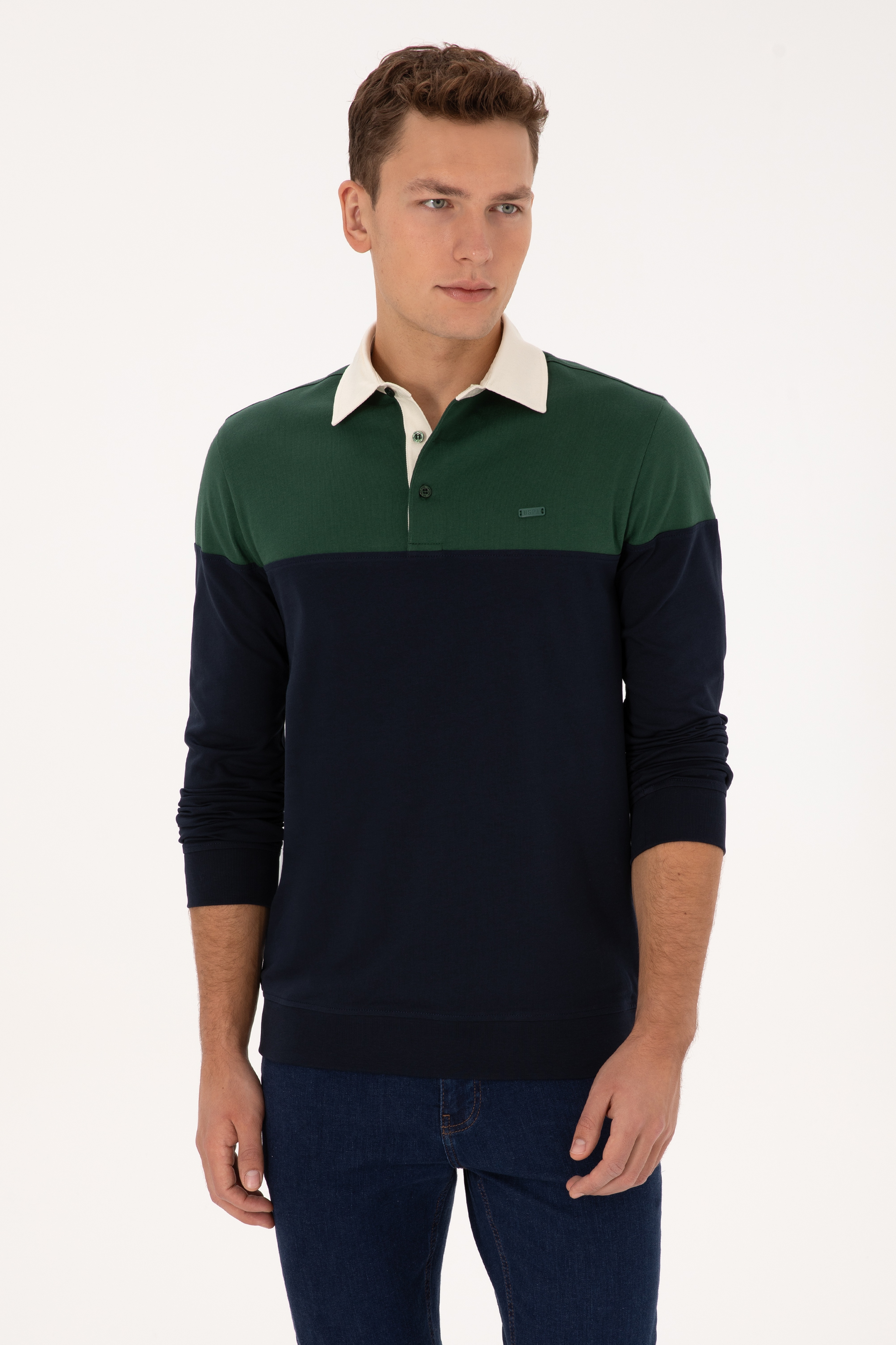 Erkek Regular Fit Polo Yaka Koyu Yeşil Sweatshirt - Image 1