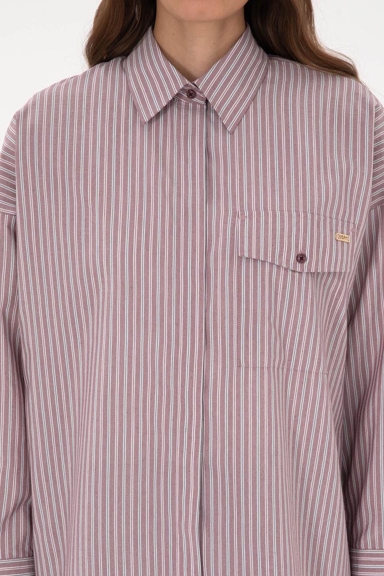 Kadın Bordo Çizgili Uzun Kollu Gömlek - 50316369007