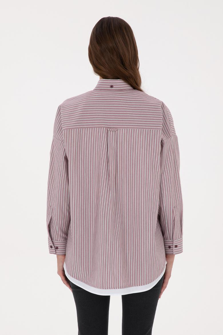 Kadın Bordo Çizgili Uzun Kollu Gömlek - 50316369007