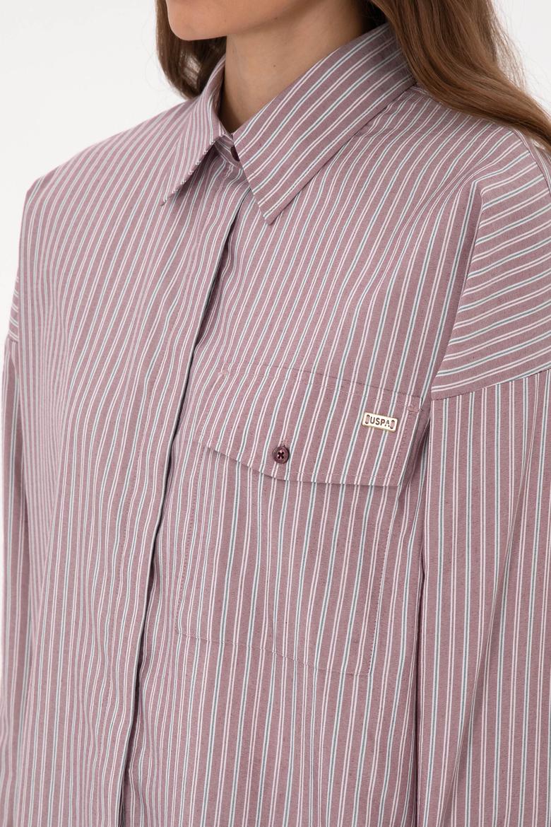 Kadın Bordo Çizgili Uzun Kollu Gömlek - 50316369007