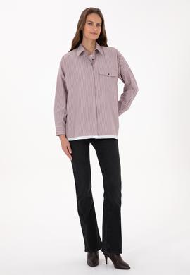 Kadın Bordo Çizgili Uzun Kollu Gömlek - 50316369007