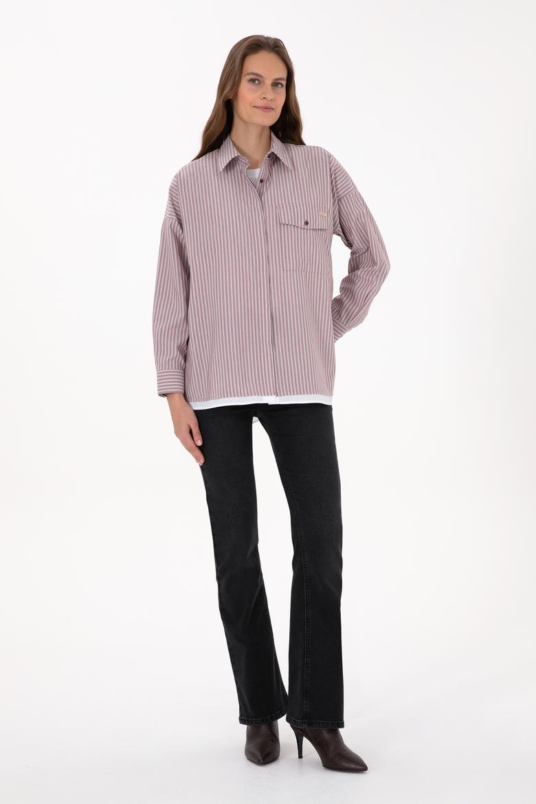 Kadın Bordo Çizgili Uzun Kollu Gömlek - 50316369007