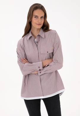 Kadın Bordo Çizgili Uzun Kollu Gömlek - 50316369007