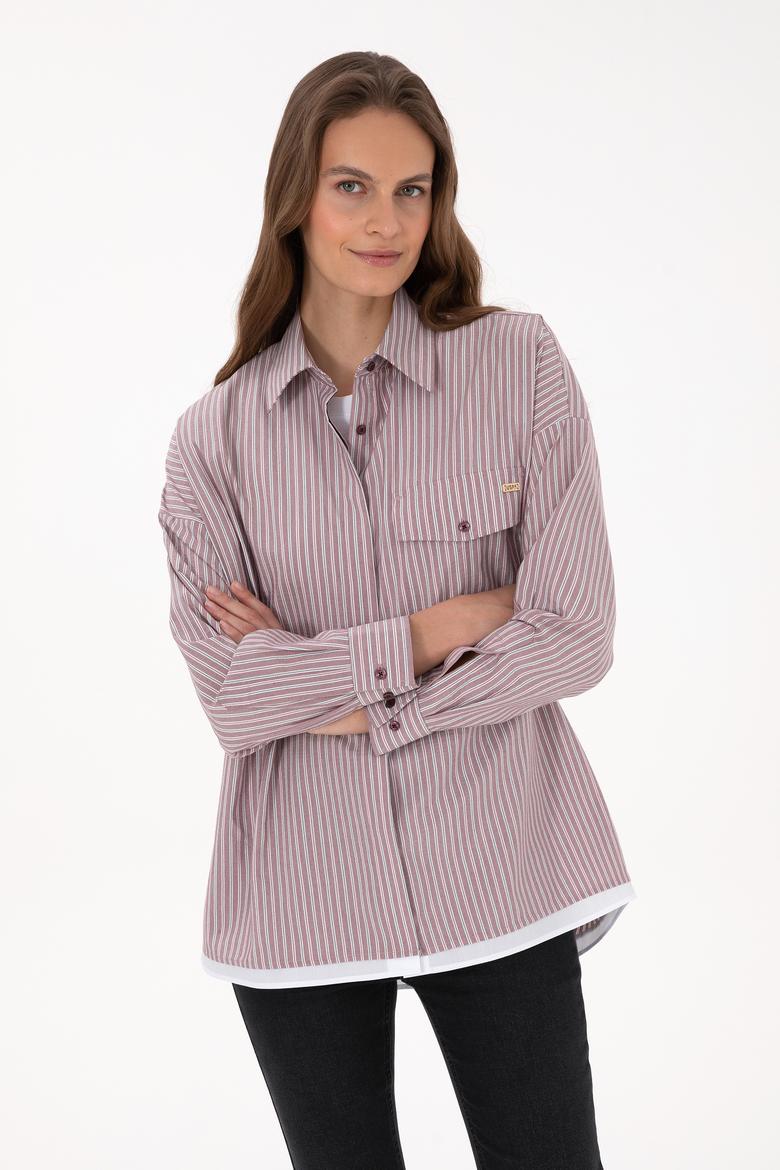 Kadın Bordo Çizgili Uzun Kollu Gömlek - 50316369007