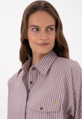 Kadın Bordo Çizgili Uzun Kollu Gömlek - 50316369007